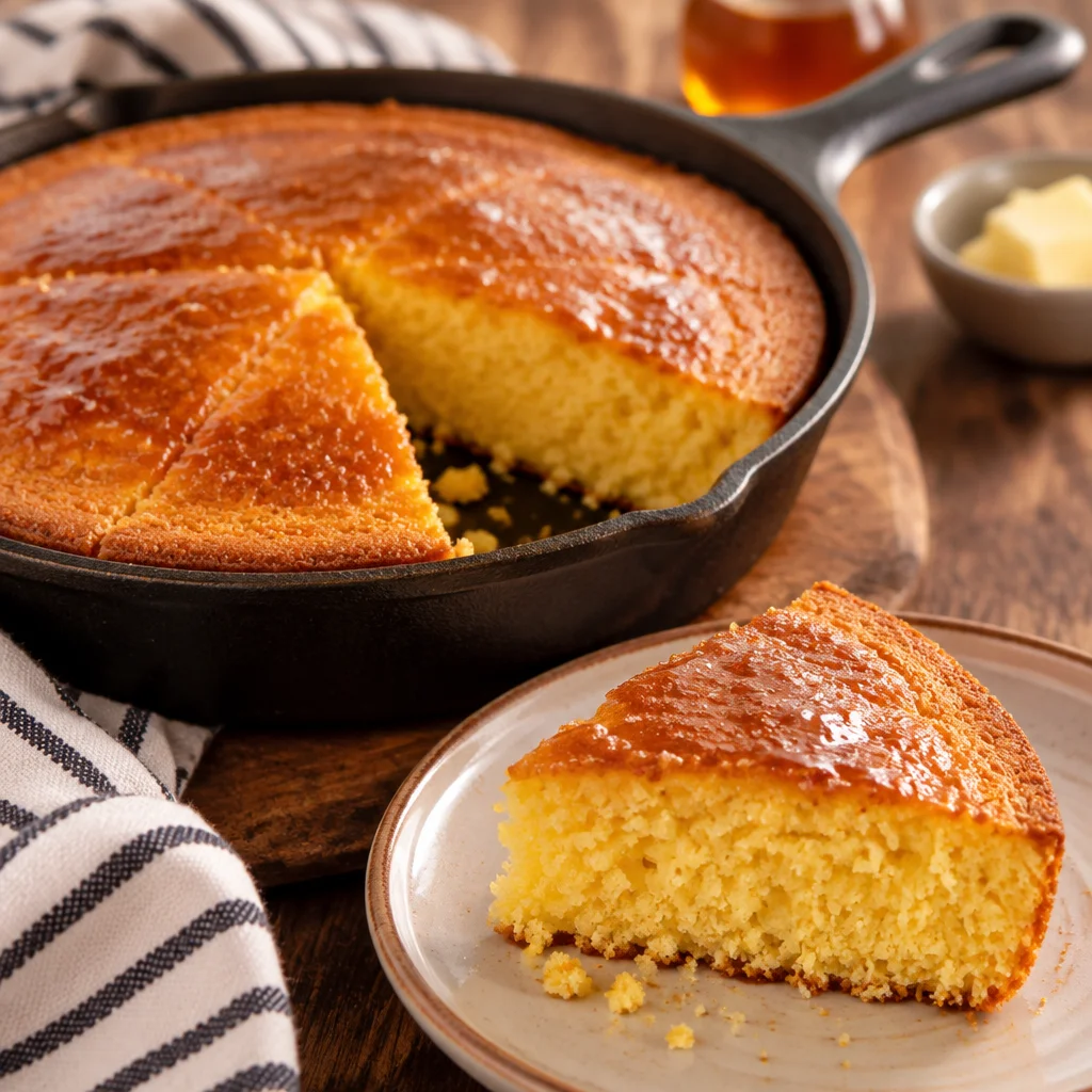Delicious homemade cornbread baked in a cast iron skillet on a red napkin.