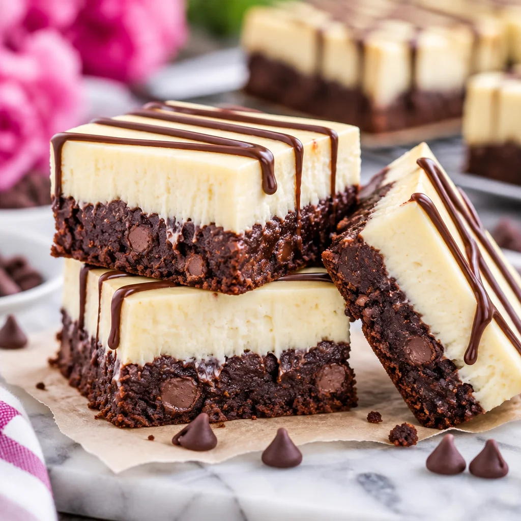 Decadent cheesecake brownies with creamy swirl on fudgy brownie base