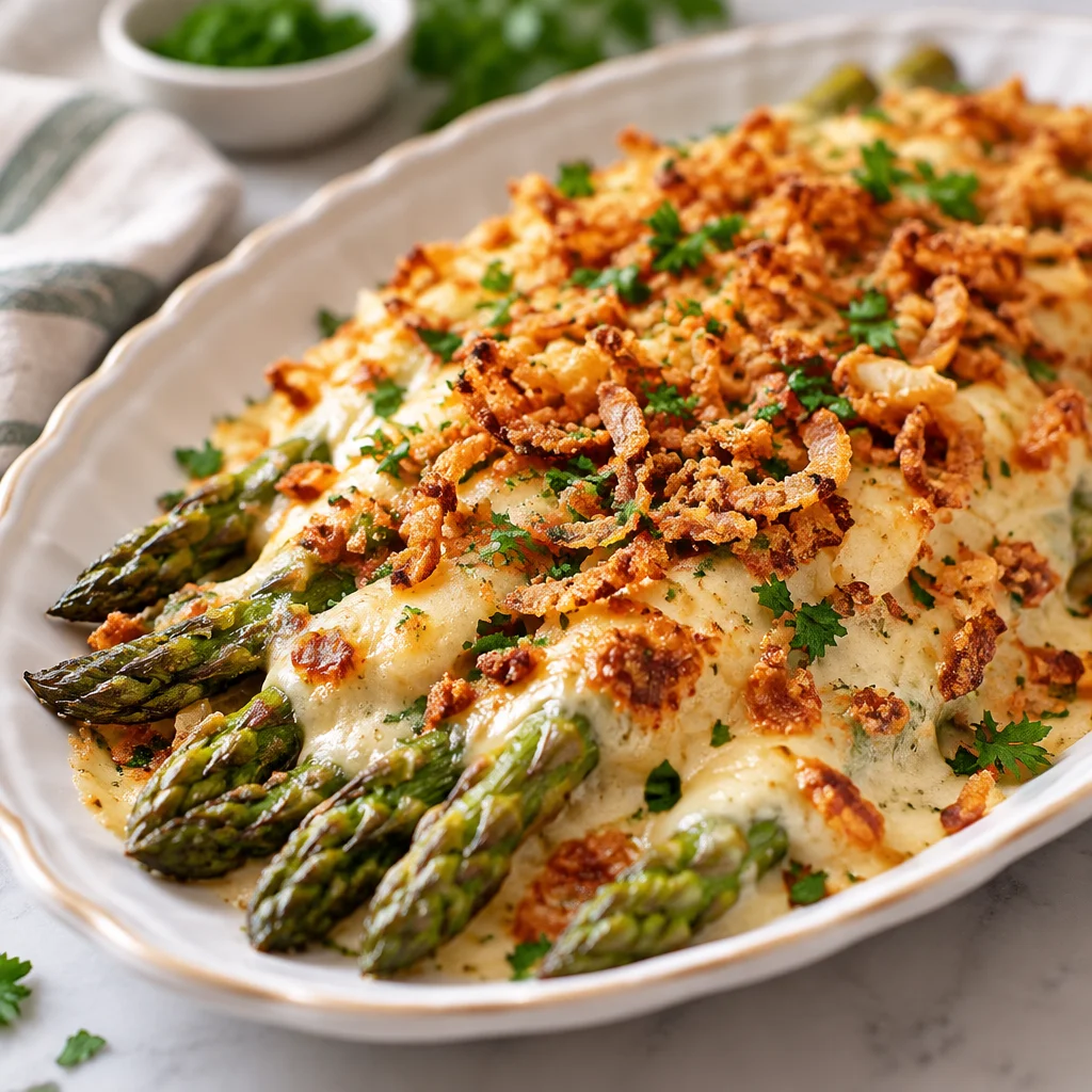 Cheesy asparagus casserole with cream sauce, cheese layers, and crispy breadcrumbs.