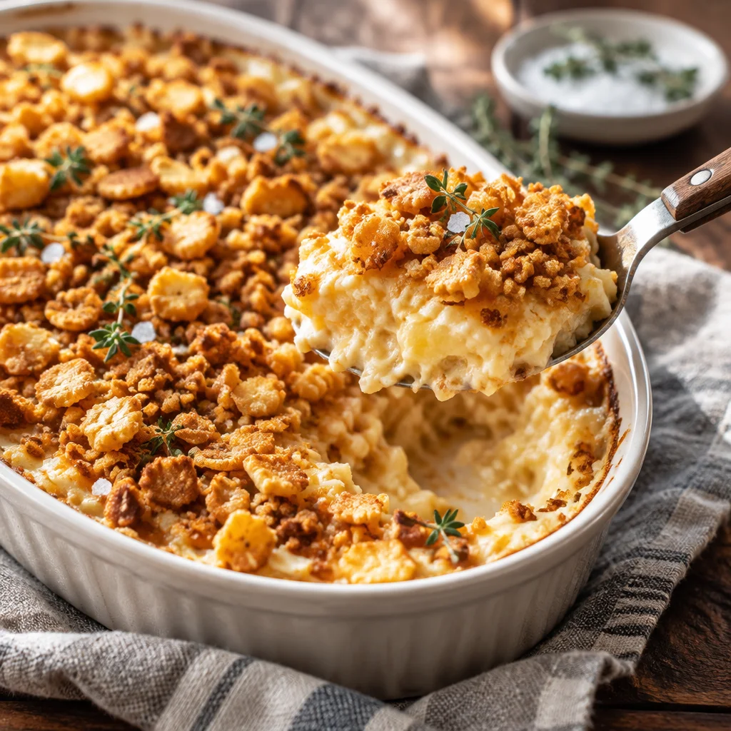 Delicious cheesy potato casserole with creamy cheese sauce and crispy topping