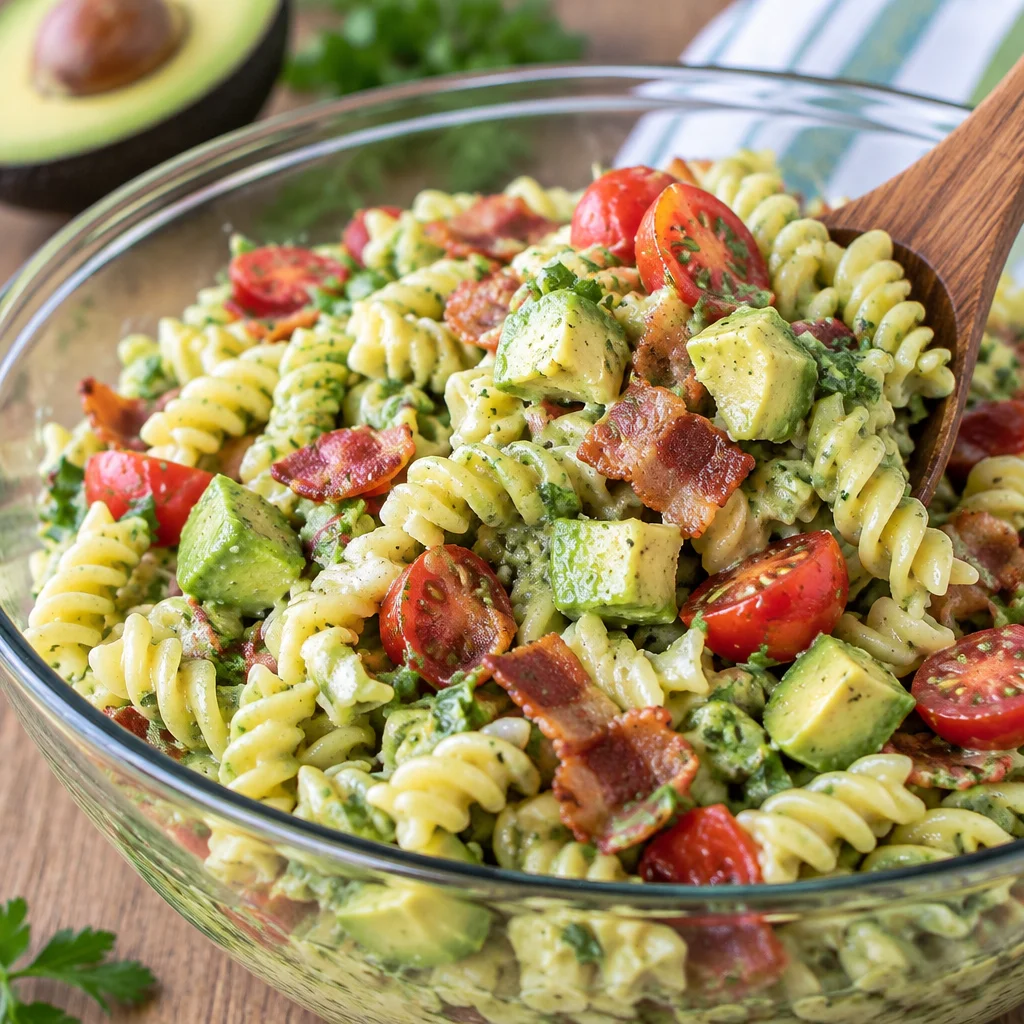 Delicious chicken avocado pasta salad with creamy dressing and fresh ingredients.