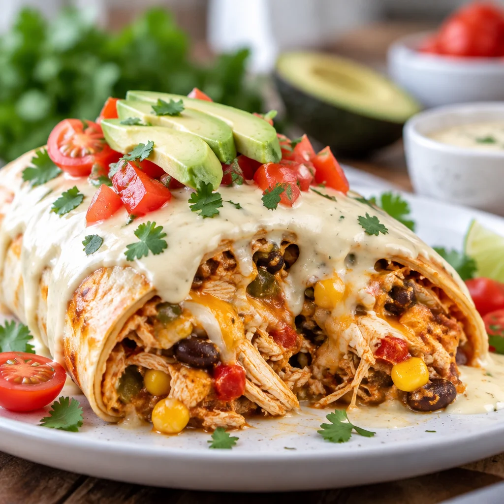 Delicious Easy Chicken Burrito Casserole with chicken, cheese, beans, and spices.