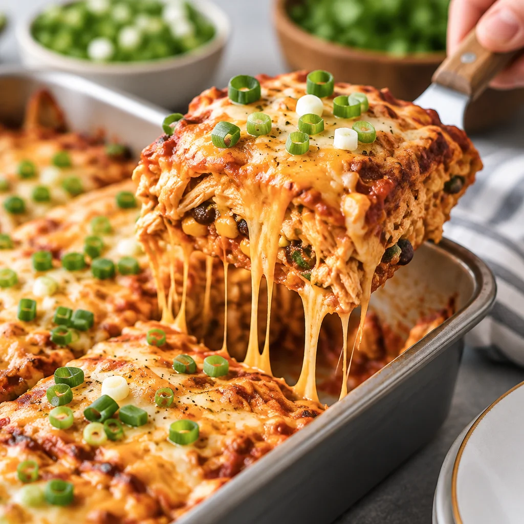 Delicious Easy Chicken Enchilada Casserole with layers of tortillas, cheese, and chicken.
