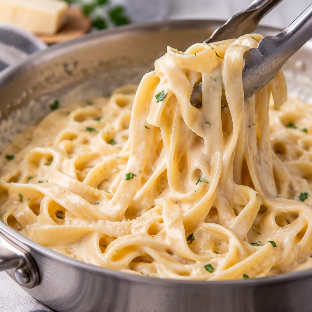 One pot Easy Chicken Fettuccine Alfredo served with freshly grated parmesan cheese.