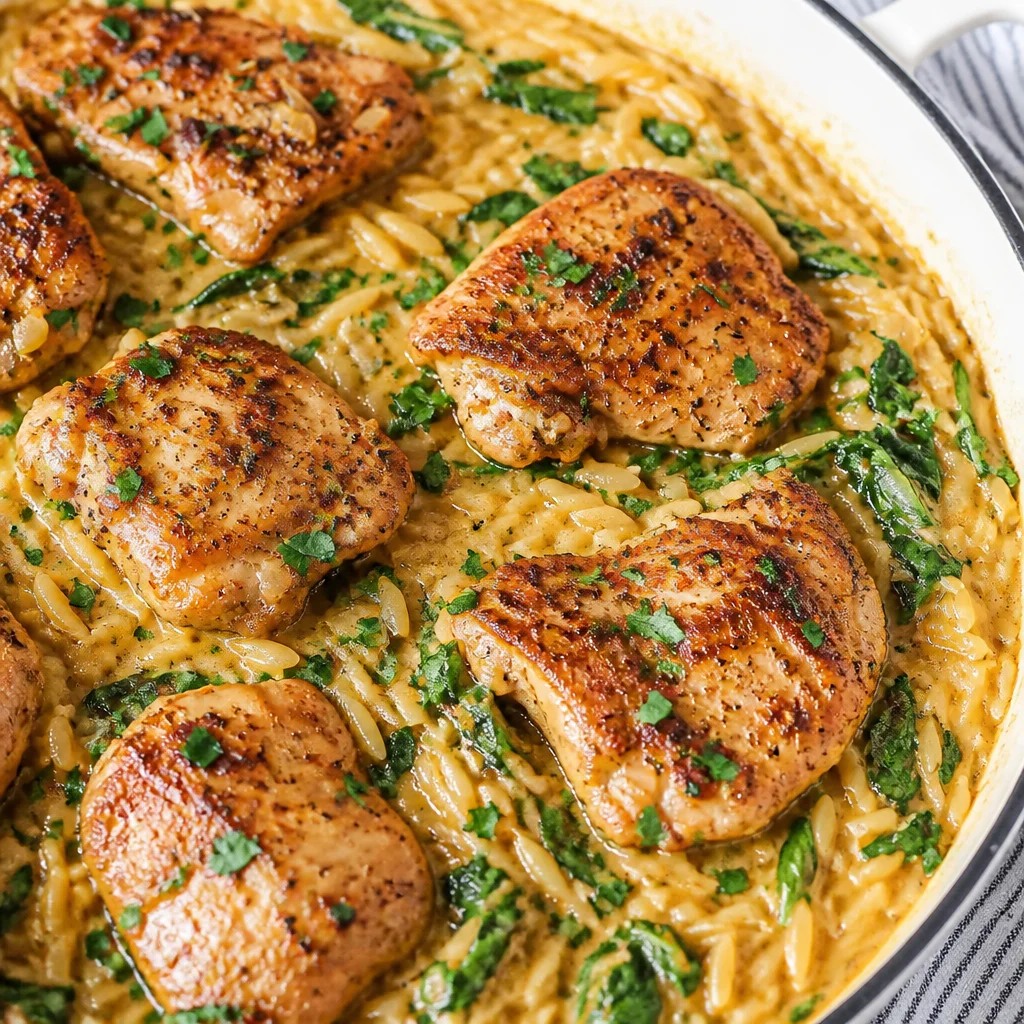 Creamy chicken and orzo pasta in a skillet, a comforting one-pot meal.