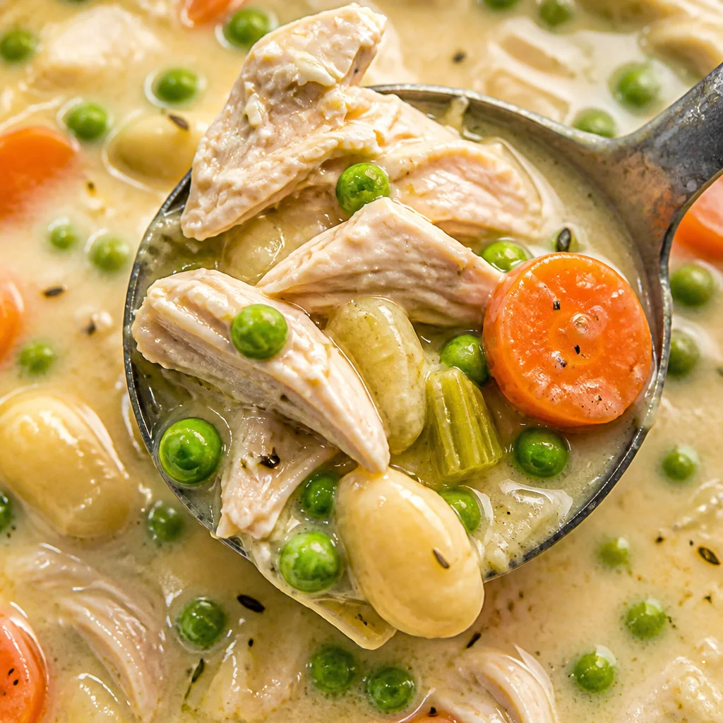 Delicious bowl of Easy Chicken Pot Pie Gnocchi with creamy sauce and colorful veggies.