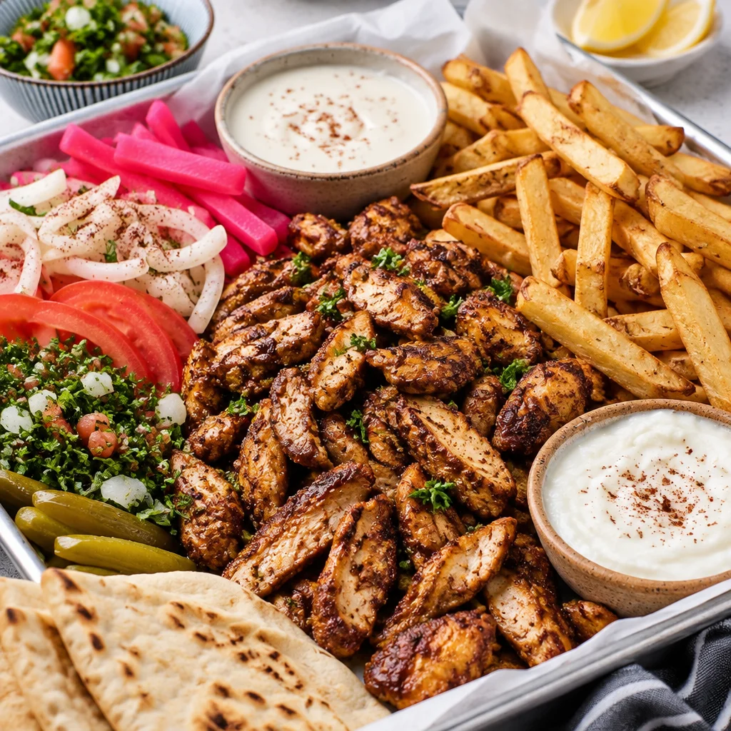 Delicious easy chicken shawarma sheet pan bowl with spices and veggies.