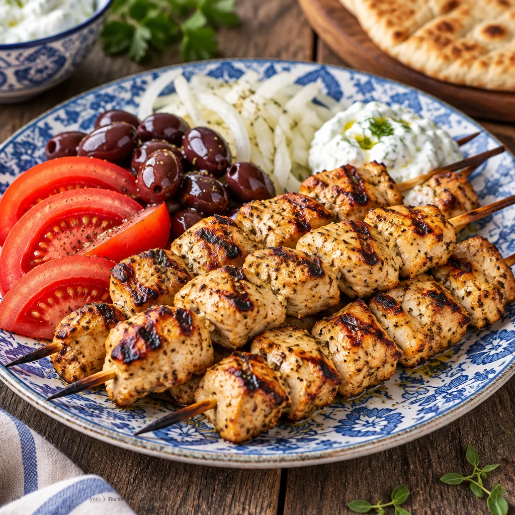 Delicious Chicken Souvlaki skewers with homemade tzatziki sauce and fresh ingredients