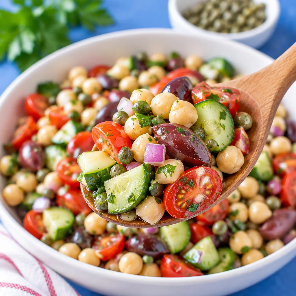 Easy Chickpea Salad Recipe — Mediterranean with fresh veggies and tangy dressing