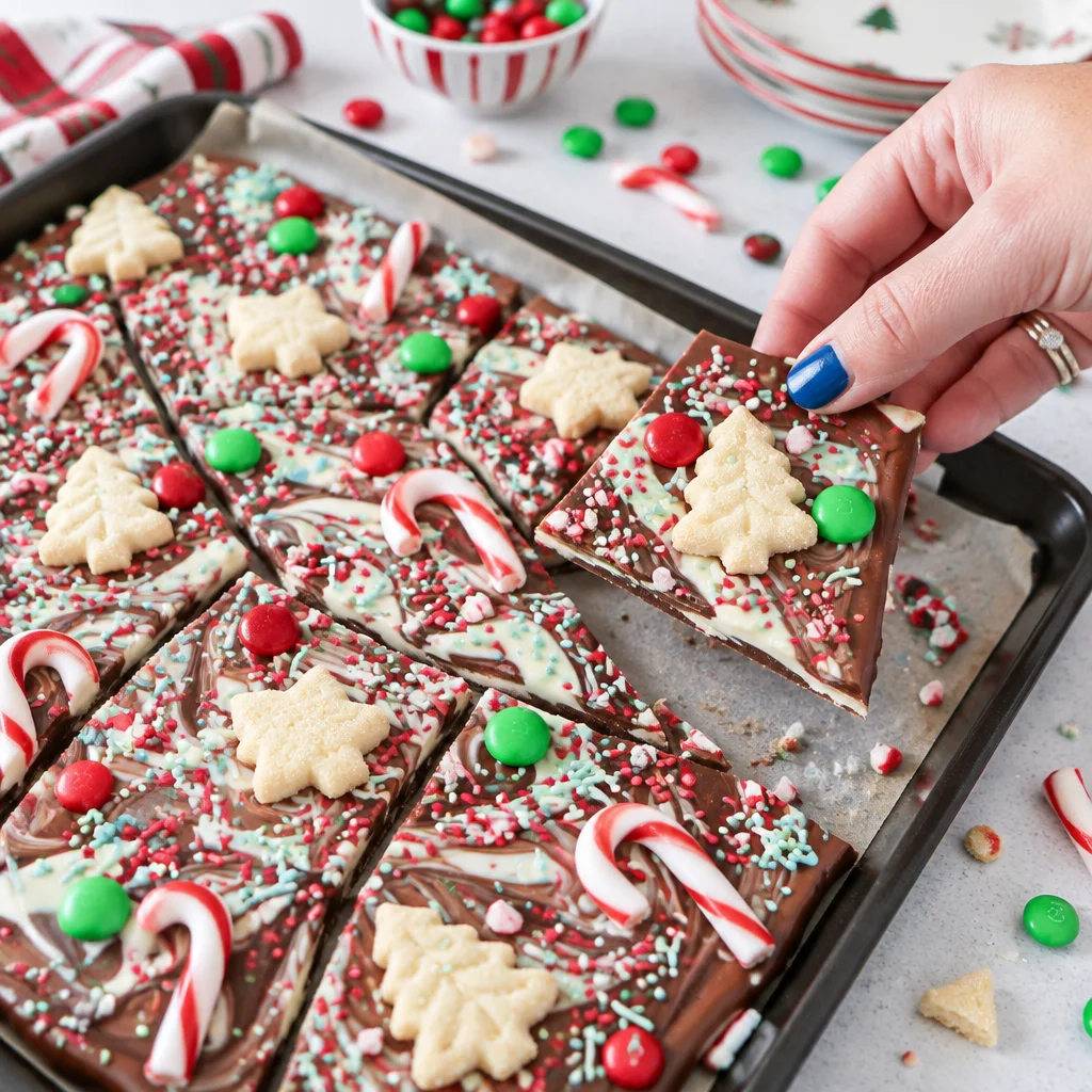 Delicious homemade Christmas chocolate bark topped with colorful candies and nuts.