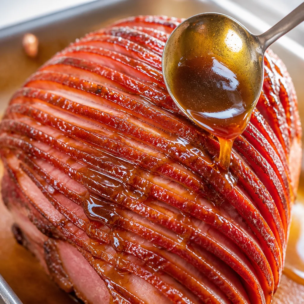 A glazed ham with brown sugar and honey, beautifully caramelized for Christmas dinner.