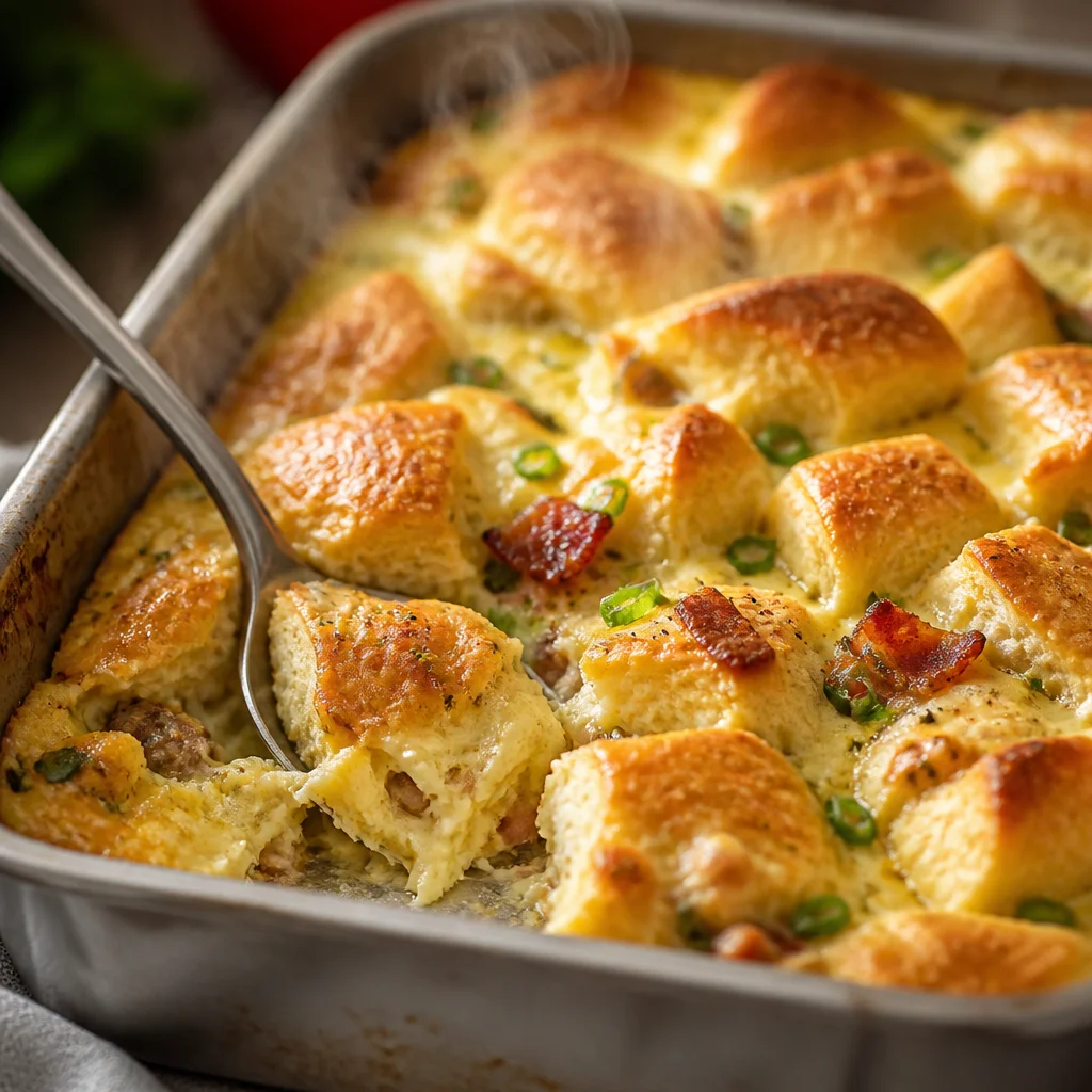 Delicious Easy Christmas Morning Breakfast Casserole with eggs, sausage, and cheese.