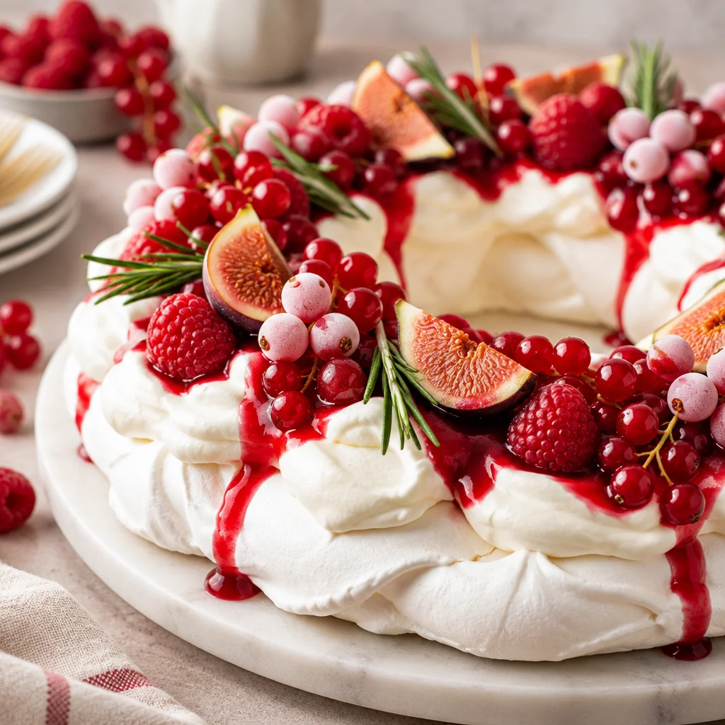 Easy Christmas Pavlova wreath dessert topped with fresh berries and cream.