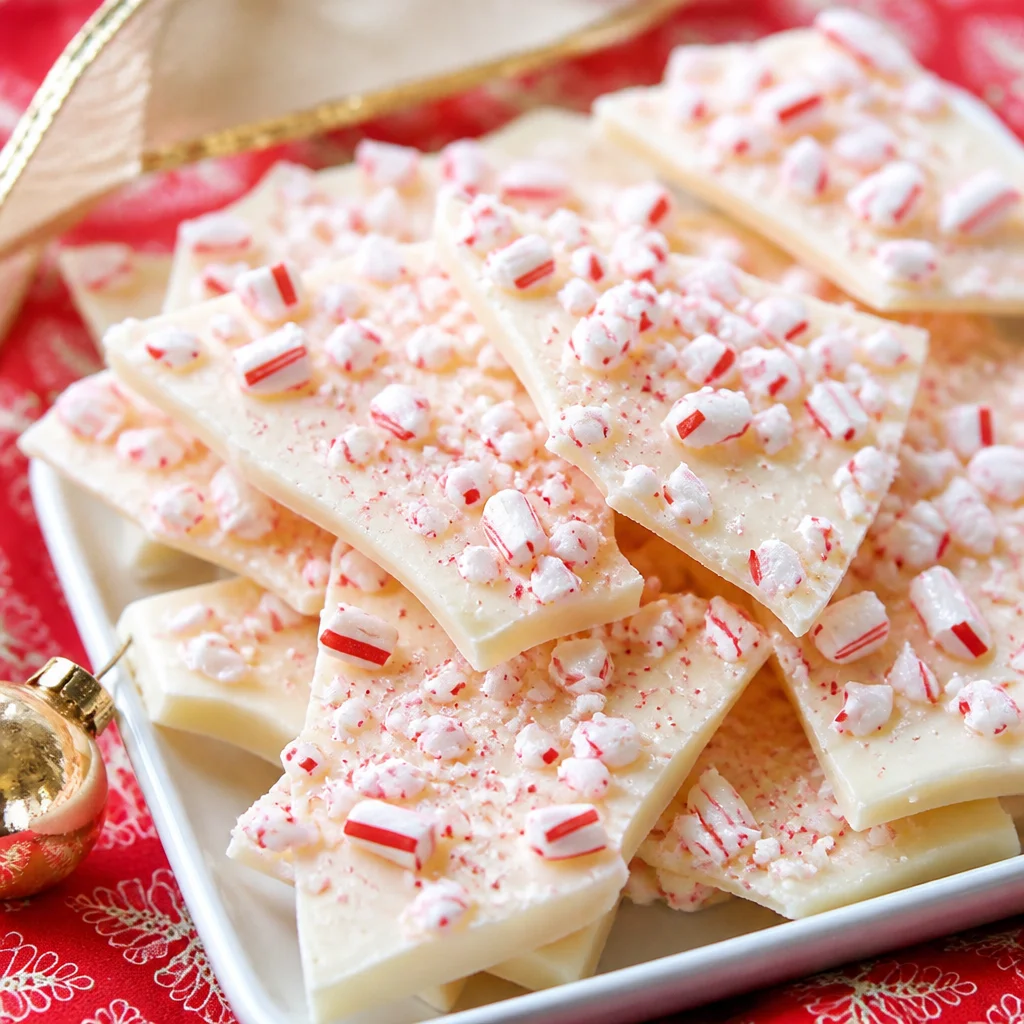 Easy Christmas Peppermint Bark with white chocolate and crushed candy canes.