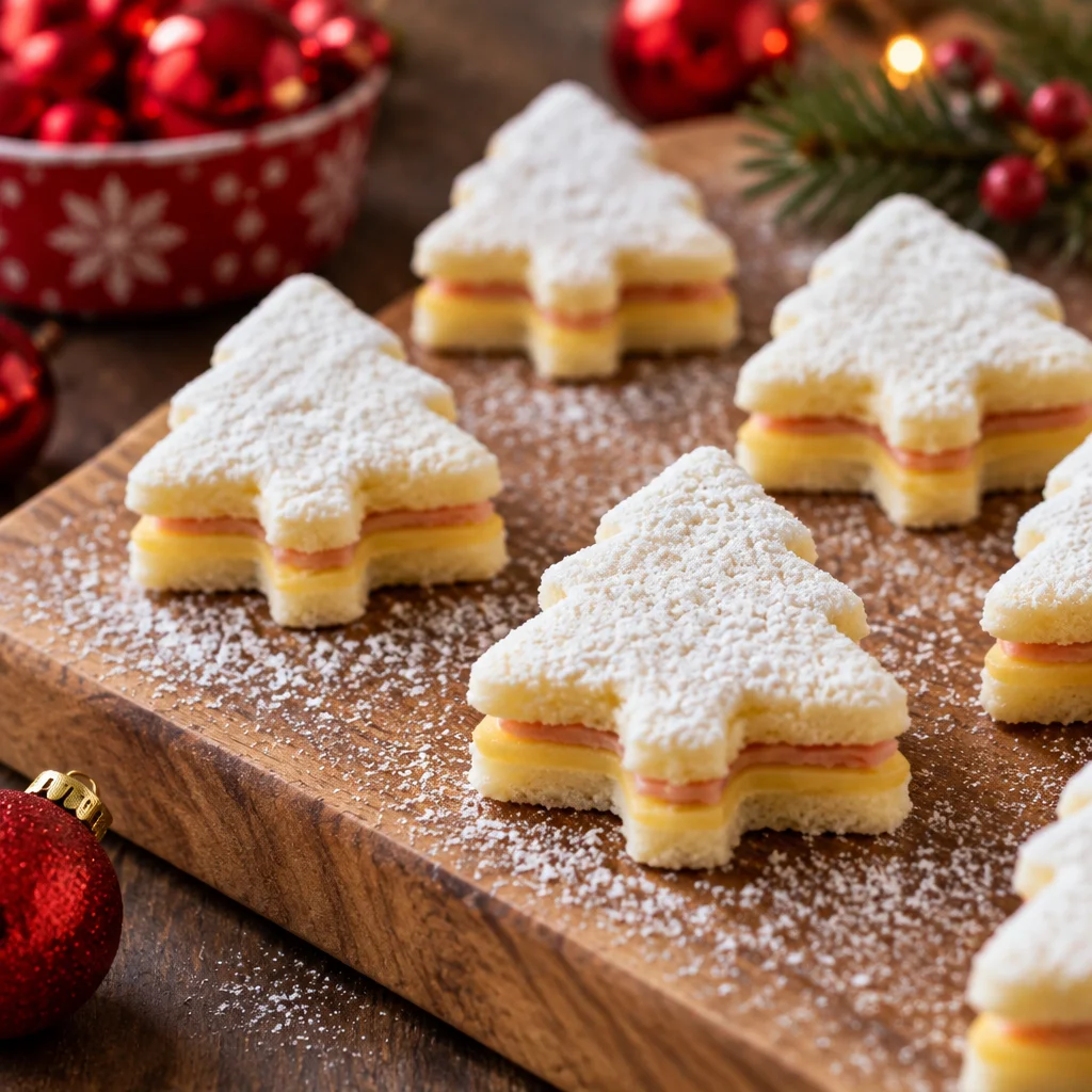 Festive easy Christmas Tree Sandwiches with cucumbers and cream cheese, perfect for parties.