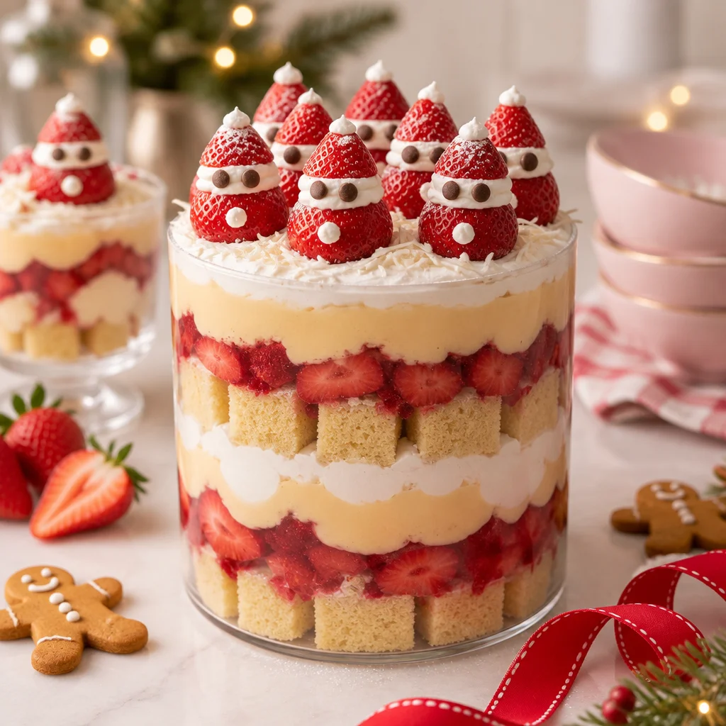 Easy Christmas Trifle Recipe layered dessert with cake, pudding, and whipped cream.