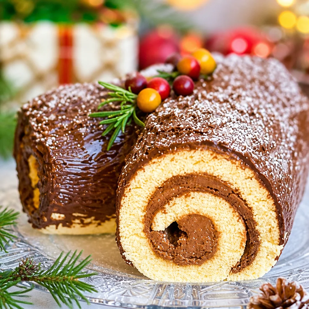 Easy Christmas Yule Log Cake - Buche de Noel with chocolate ganache topping.