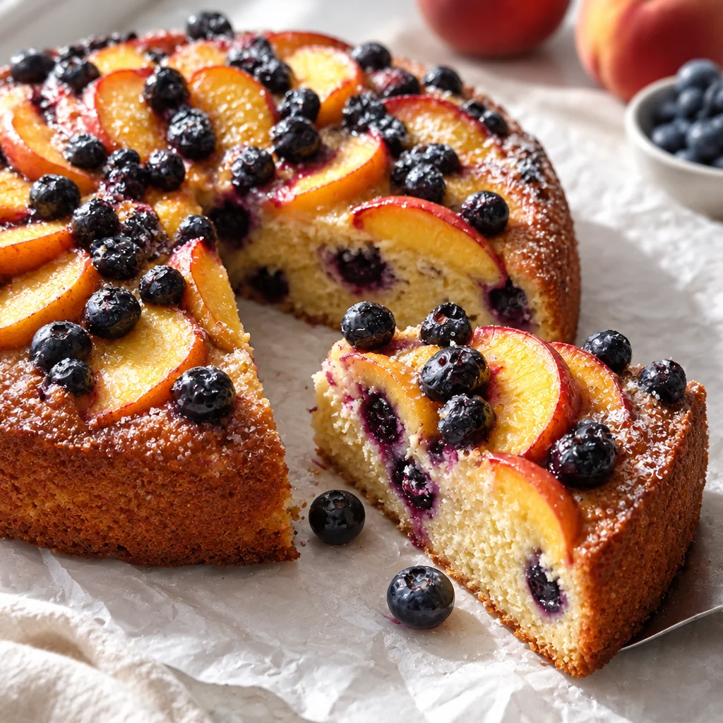 Easy Cottage Cheese Cake with juicy peaches and blueberries, perfect summer dessert.