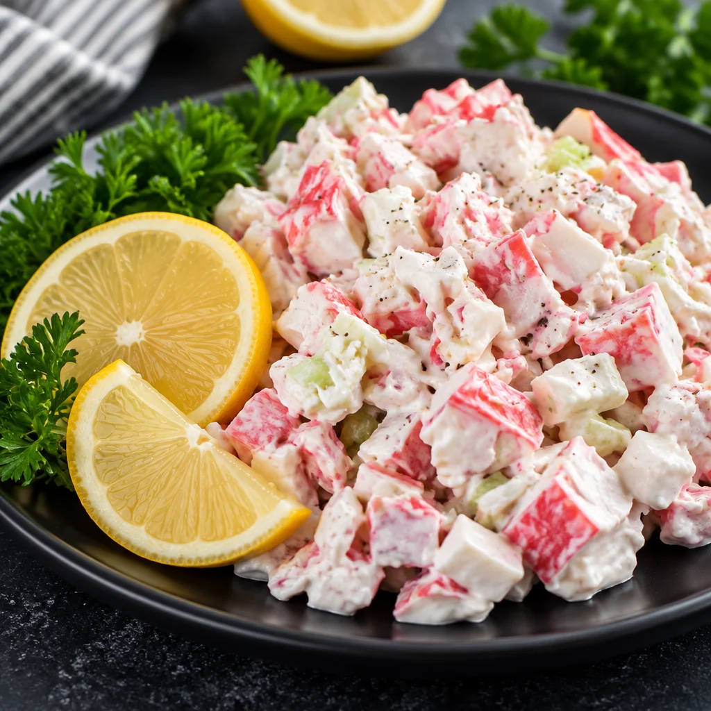 Delicious Easy Crab Salad Recipe with imitation crab and crunchy vegetables.
