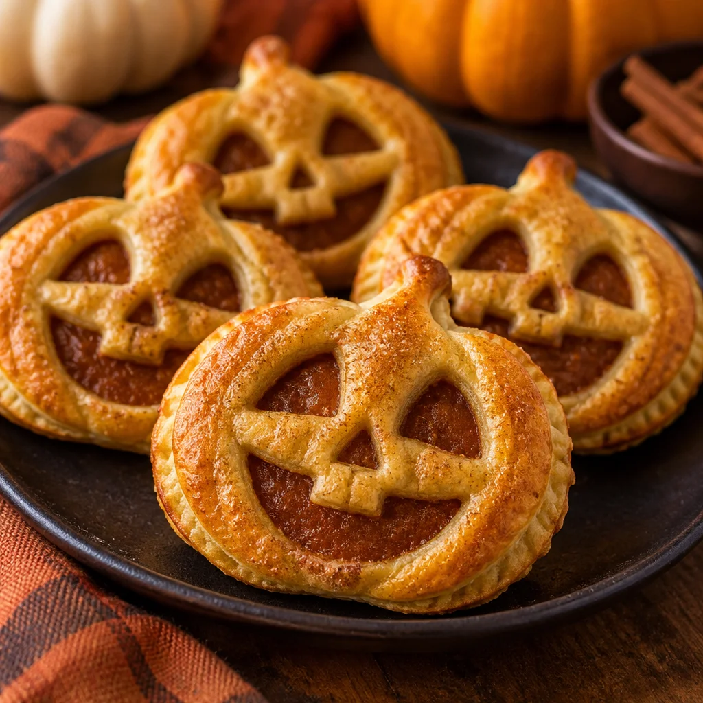 Halloween cream puffs filled with pumpkin whipped cream, shaped like jack-o'-lanterns.