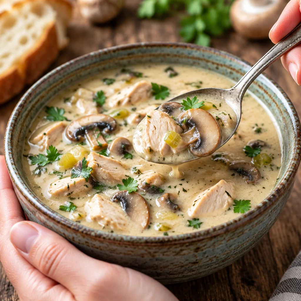 Bowl of creamy chicken mushroom soup topped with herbs and served with crusty bread