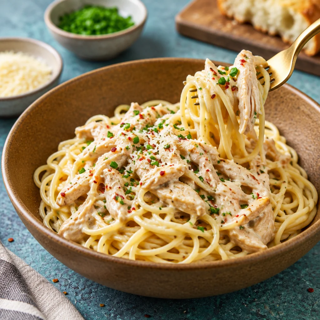 Easy Crockpot Angel Chicken served over angel hair pasta with creamy sauce.
