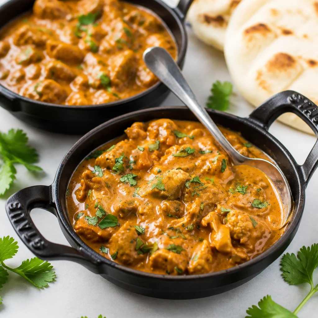 Delicious easy crockpot butter chicken served over rice with garnishes.