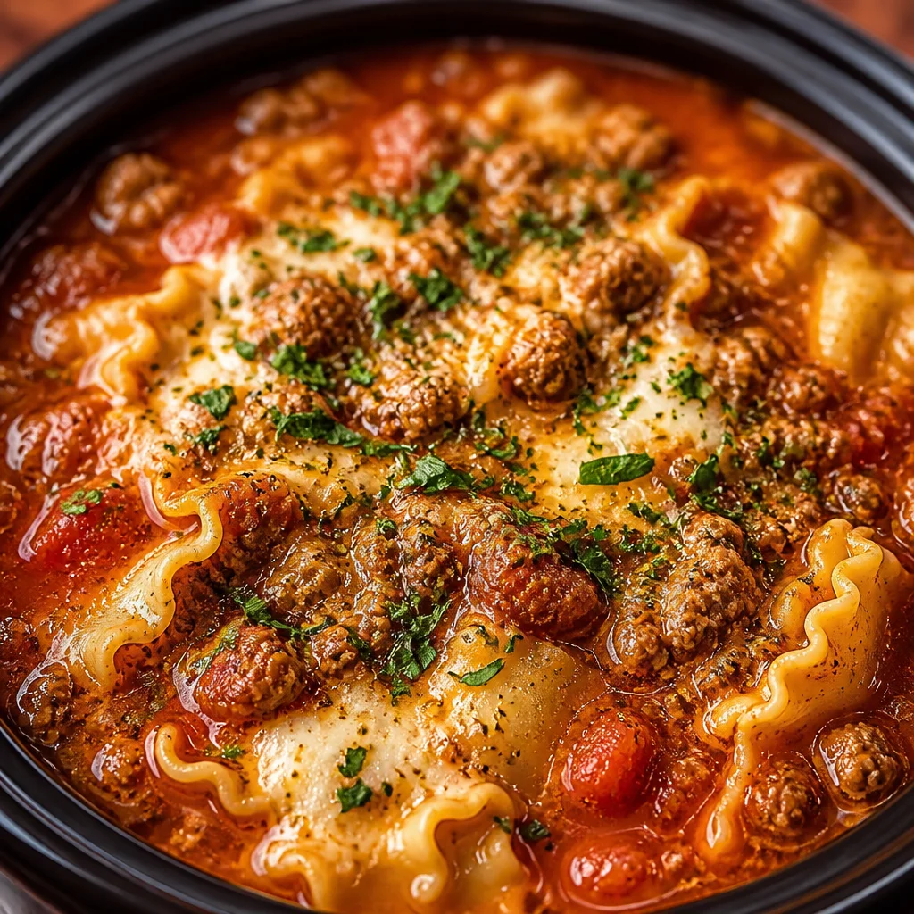 Bowl of Easy Crockpot Lasagna Soup with melted cheese and herbs on top.