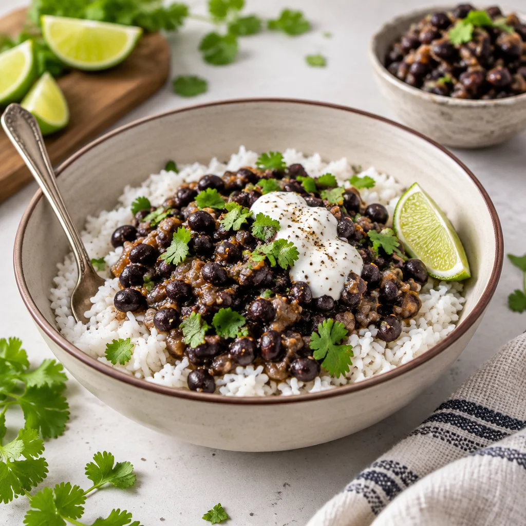 Delicious Easy Cuban Black Beans served with rice and garnished with fresh herbs.