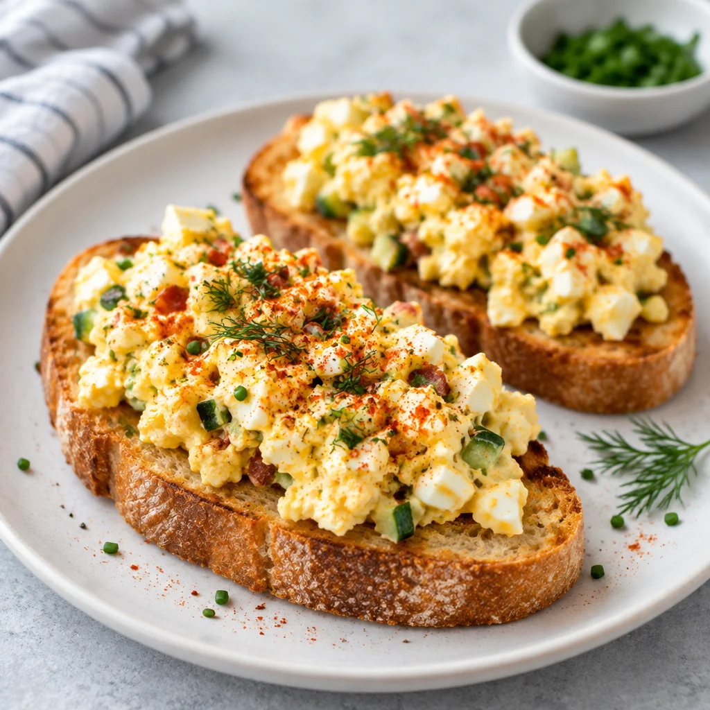 Delicious deviled egg salad served on a bed of lettuce with fresh herbs.