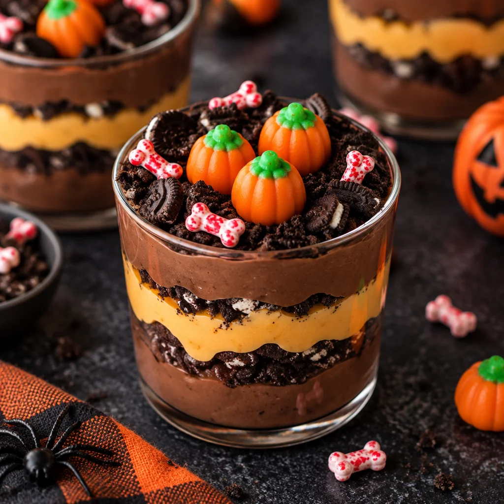 Easy Dirt Cups Recipe for Halloween Pumpkin Patch with chocolate pudding and Oreo crumbs.