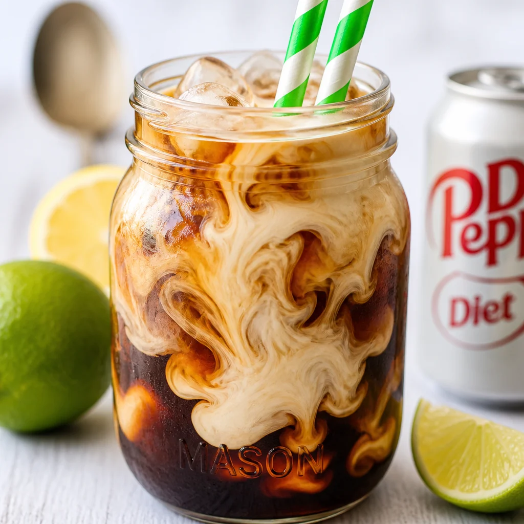 A refreshing Easy Dirty Dr Pepper recipe served in a glass with a creamy topping.
