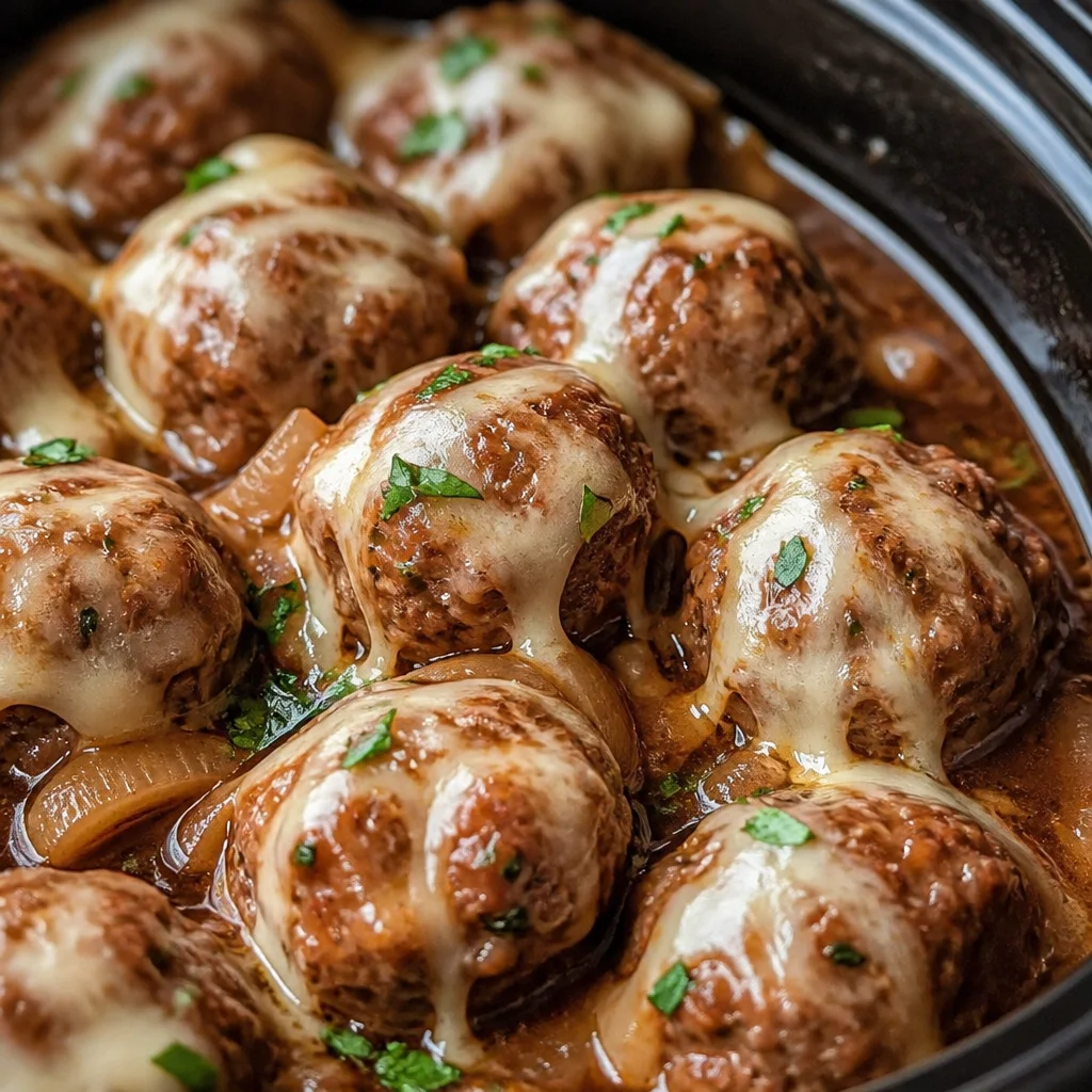 Crockpot Easy French Onion Meatballs topped with melted cheese and served in onion broth.