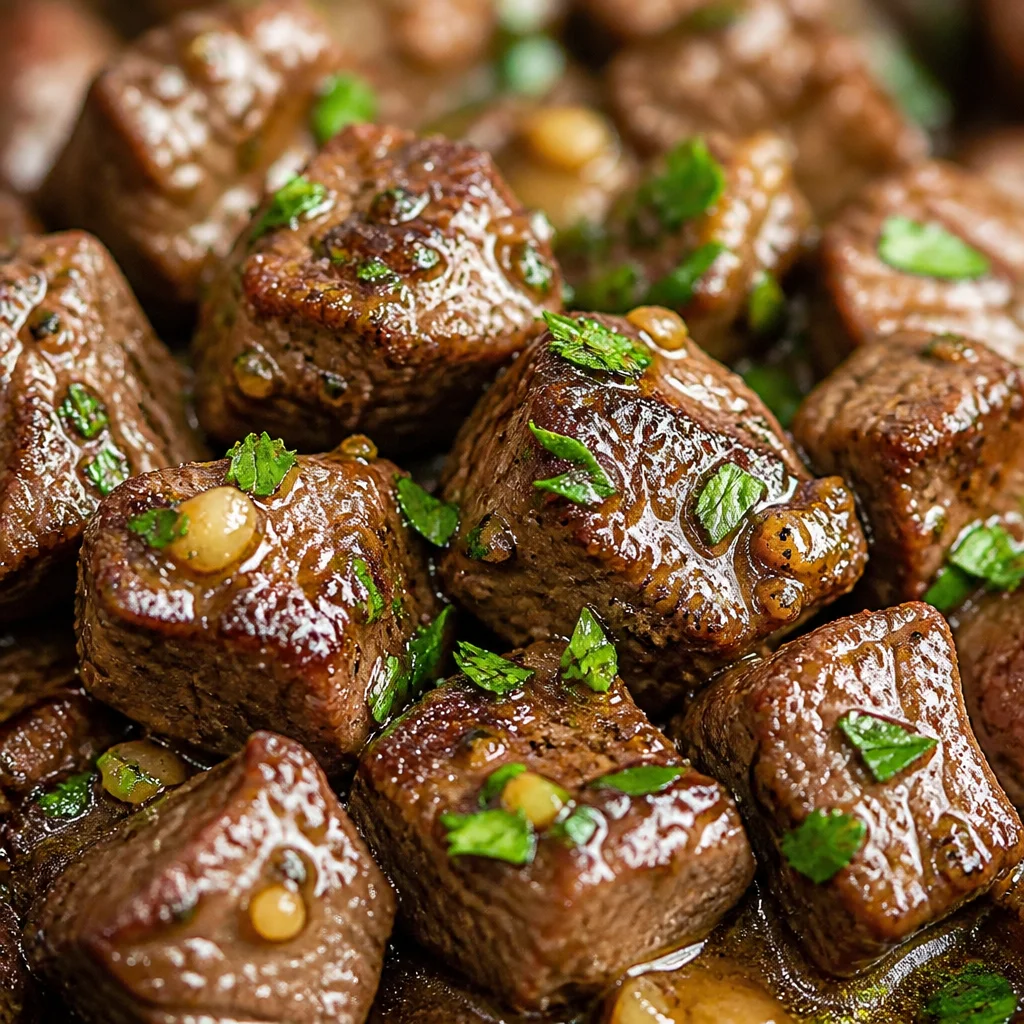 Plate of Easy Garlic Butter Steak Bites garnished with fresh herbs and served with a side.