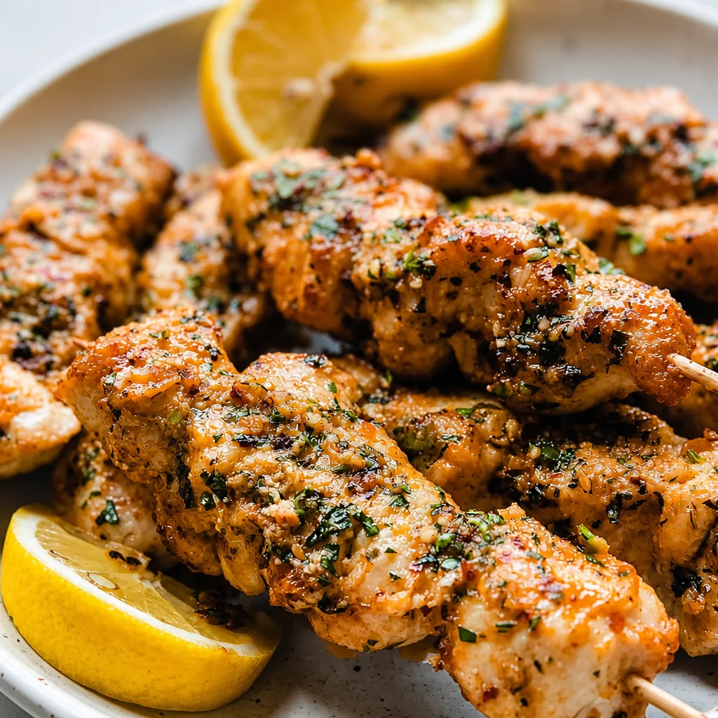 Delicious Easy Garlic Parmesan Chicken Skewers on a grill plate