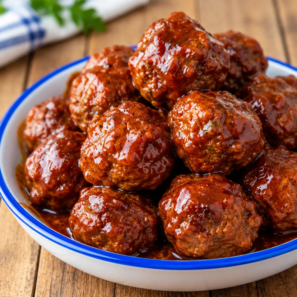 Easy Grape Jelly Meatballs served in a slow cooker, perfect for parties.