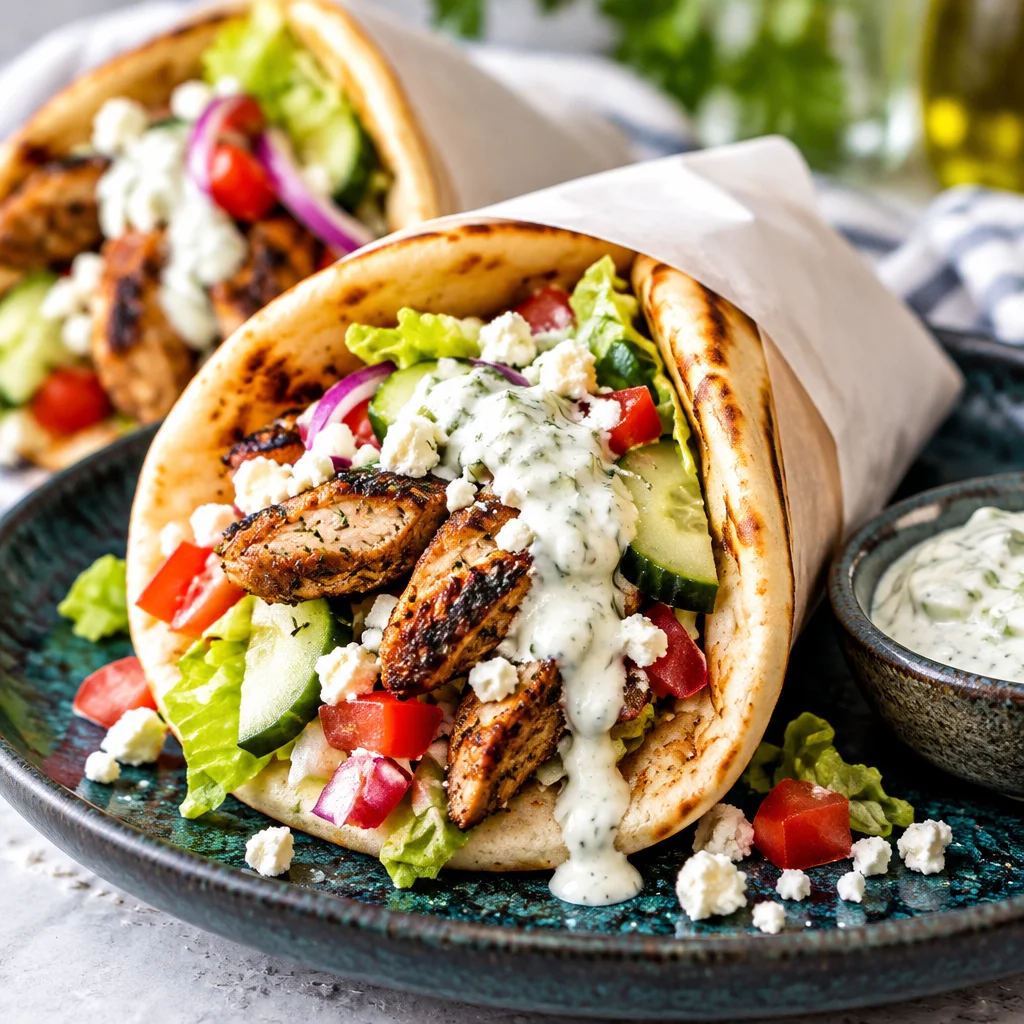 Easy Greek Chicken Gyros served with tzatziki sauce and fresh vegetables in pita bread