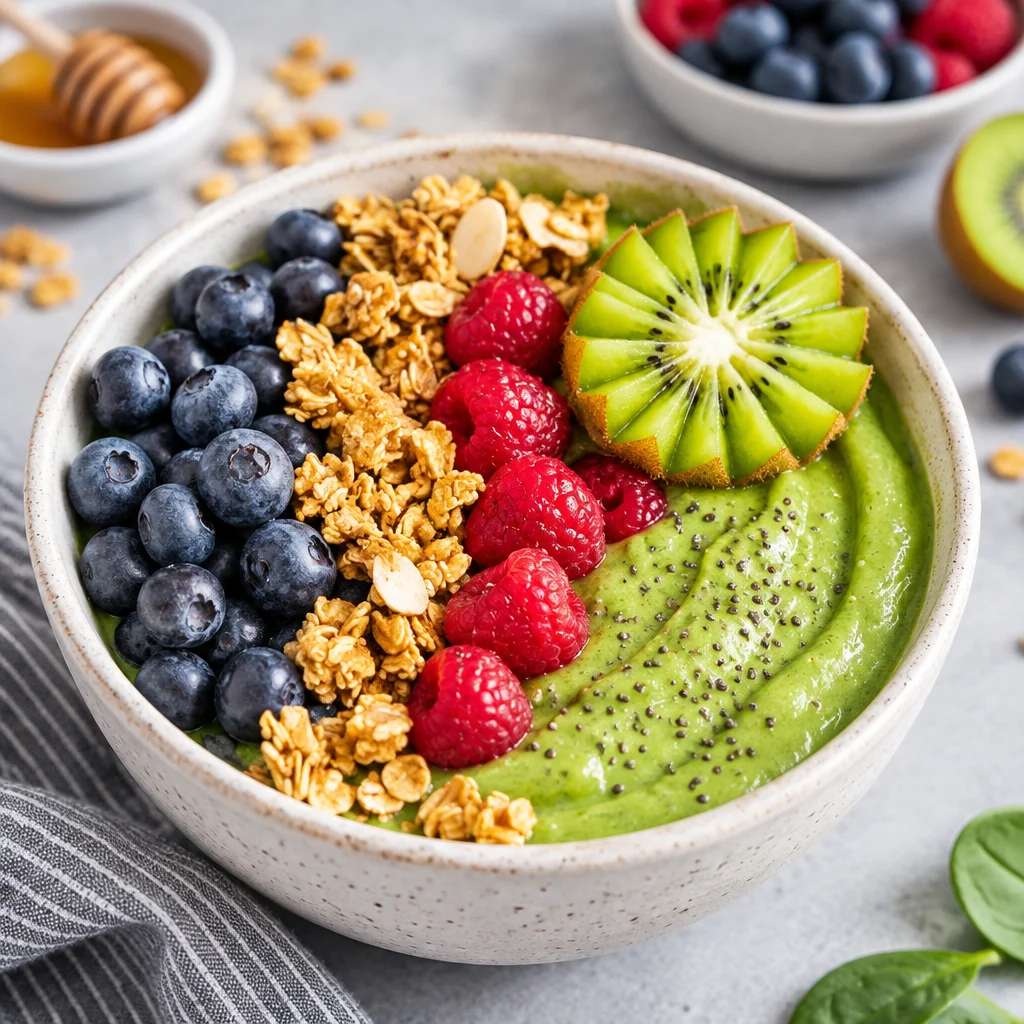 Delicious green smoothie bowl topped with mango, strawberries, and coconut.