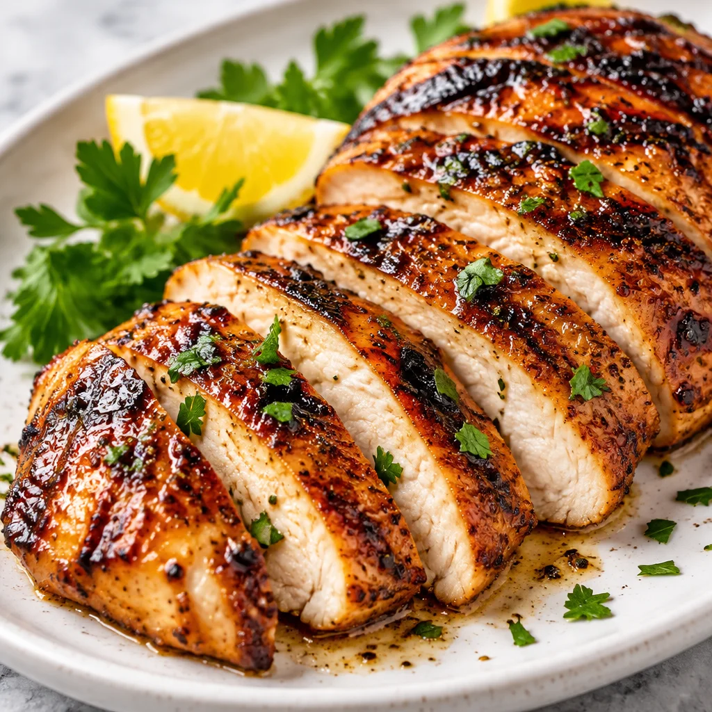 Marinated grilled chicken breast being cooked on the grill for a flavorful meal.