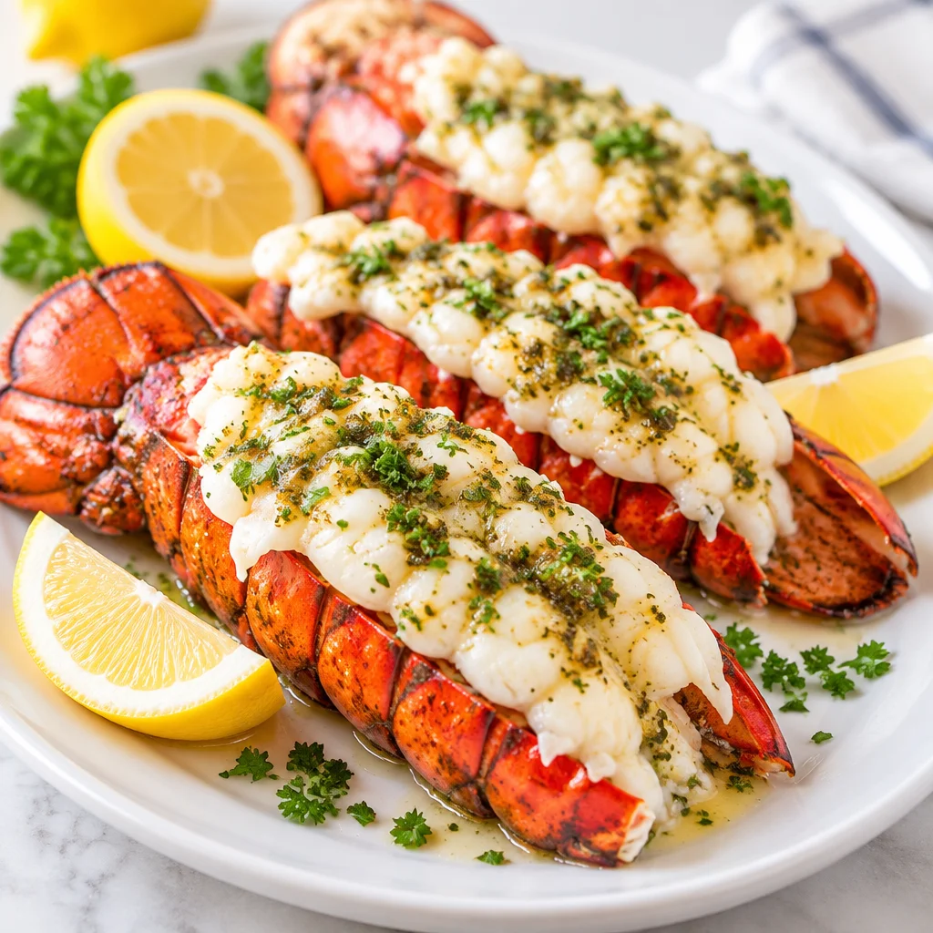 Perfectly cooked lobster tail served with garlic butter and lemon.