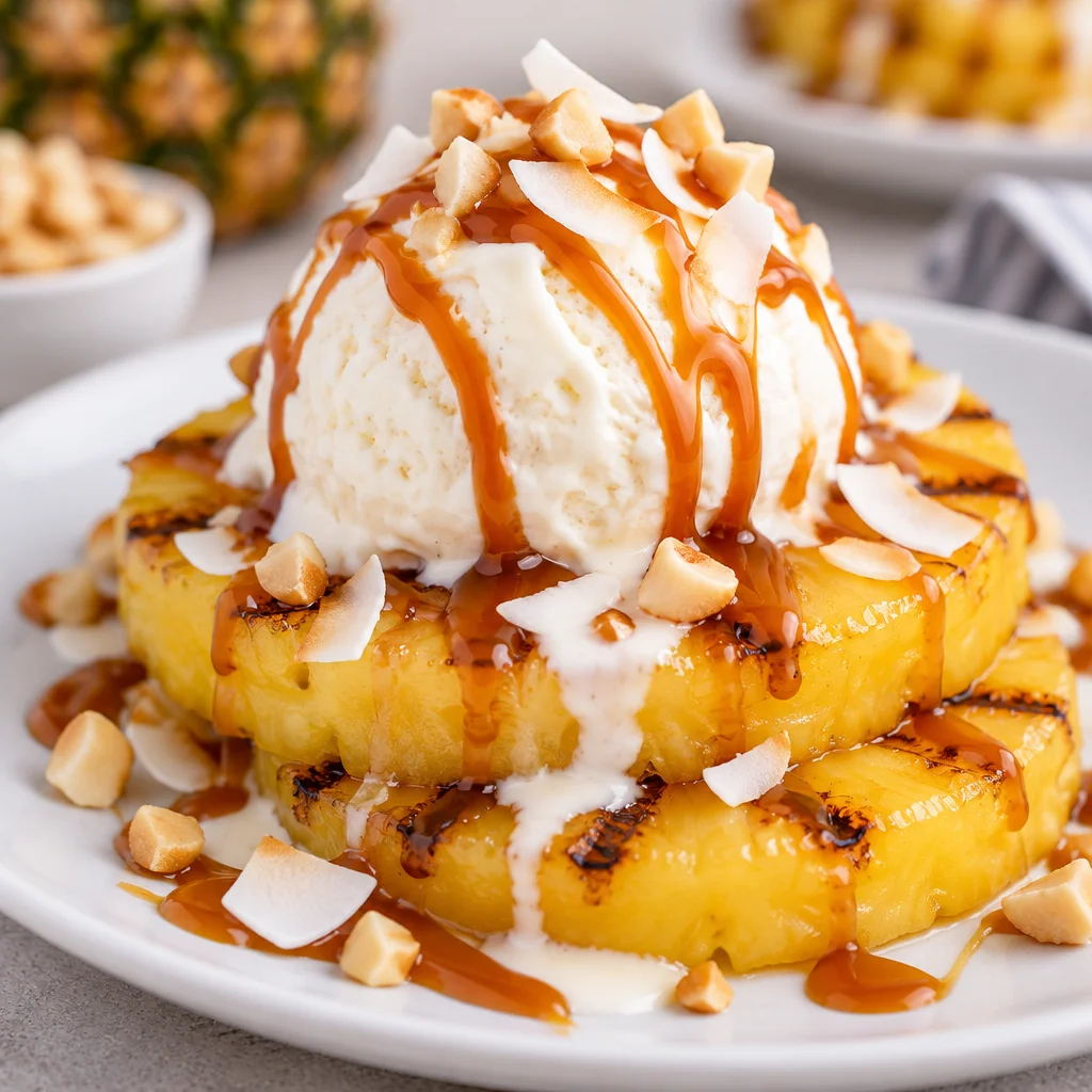 Juicy grilled pineapple slices brushed with honey and lime juice on a grill.