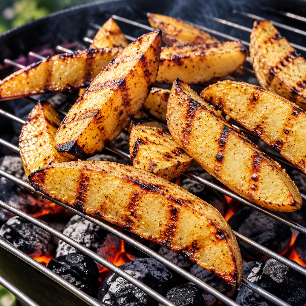Easy Grilled Potatoes Recipe — Foil and Wedges served on a plate.