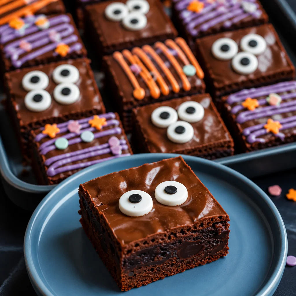 Easy Halloween brownies topped with candy ghosts and spooky decorations.