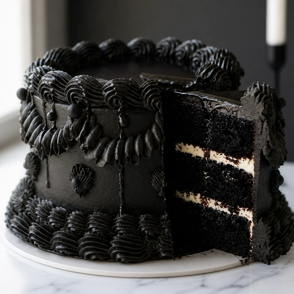 Easy Halloween Cake — Black Velvet decorated with black chocolate buttercream
