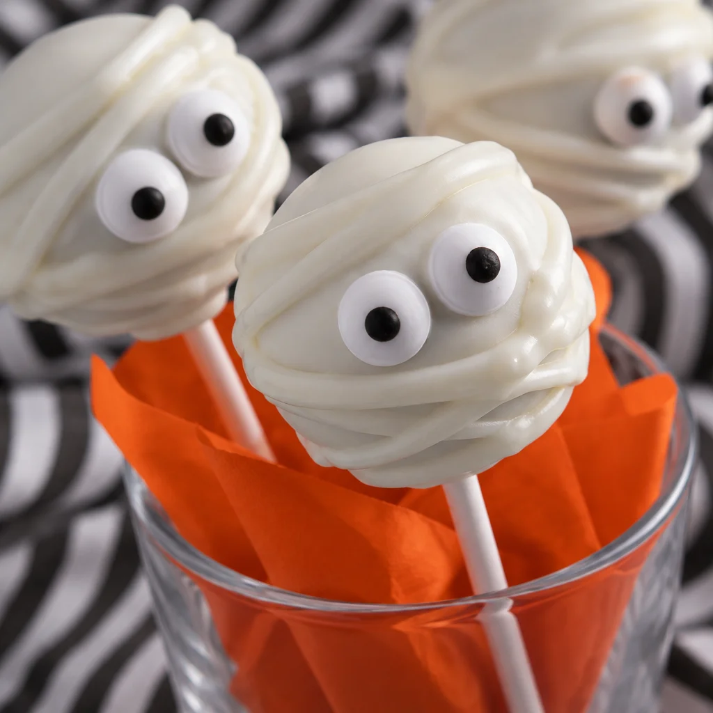 Colorful and spooky Halloween cake pops decorated as ghosts, mummies, and monsters.