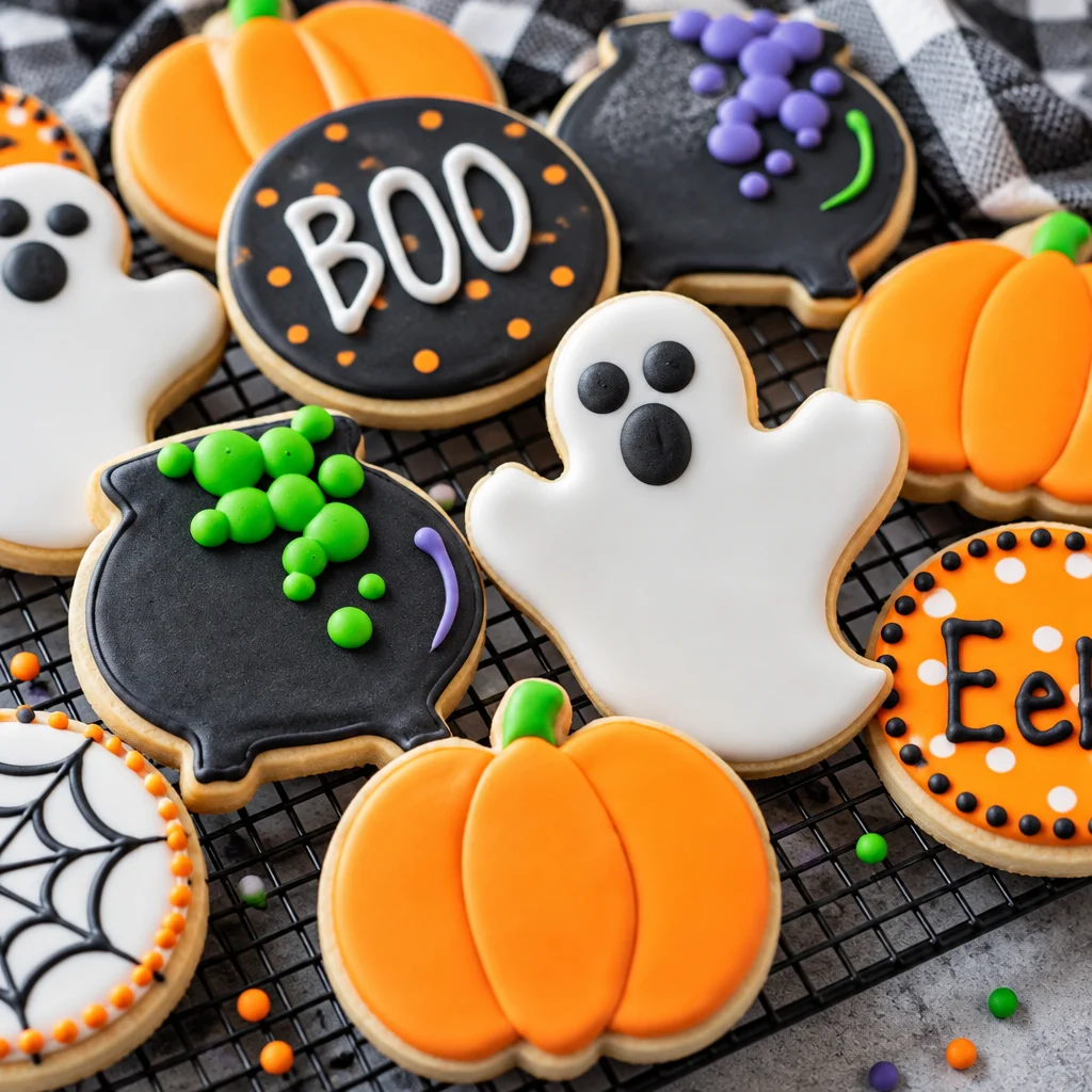 Colorful Easy Halloween Cauldron Cookies decorated with spooky designs and candy