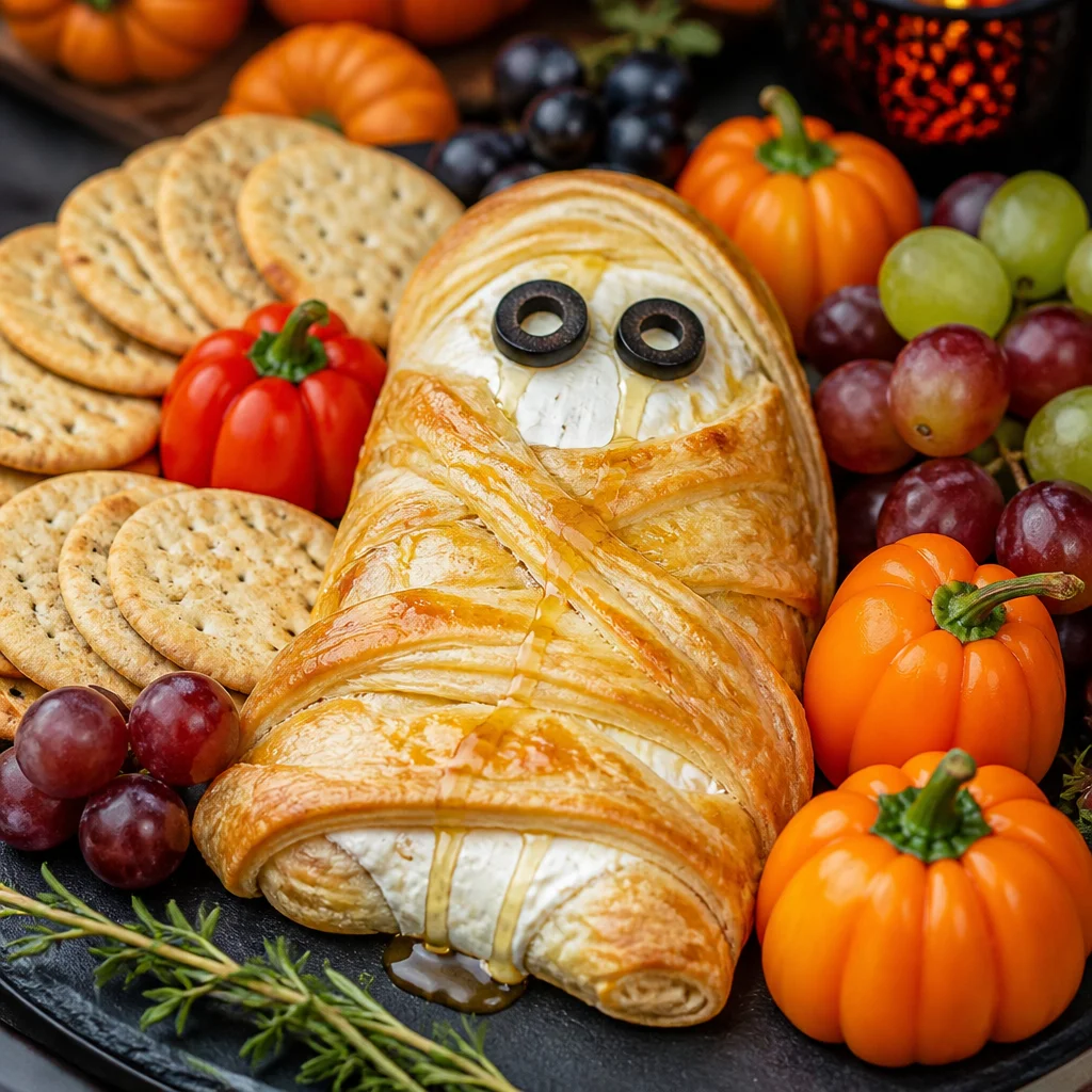 Plate of easy Halloween party appetizers featuring spooky-themed treats.