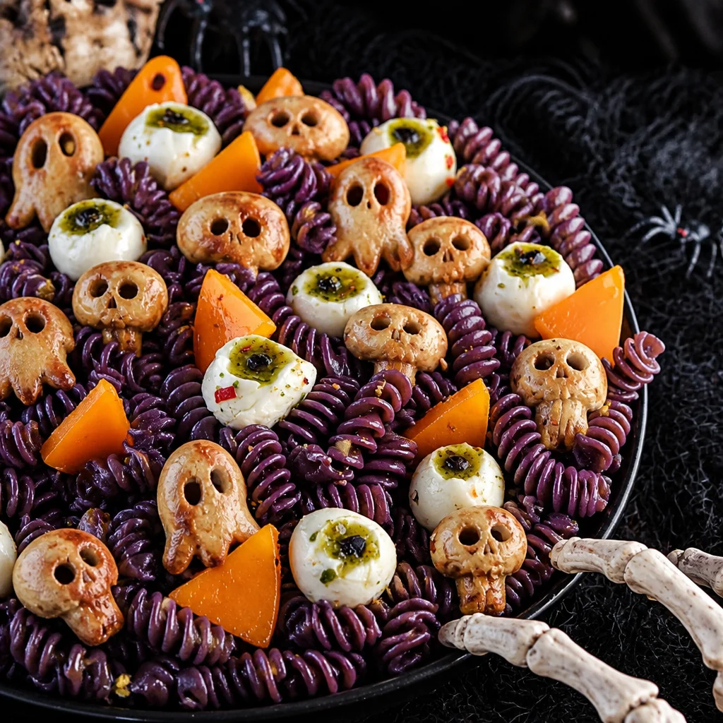 Eyeball Pasta Salad with spooky ingredients for Halloween celebration