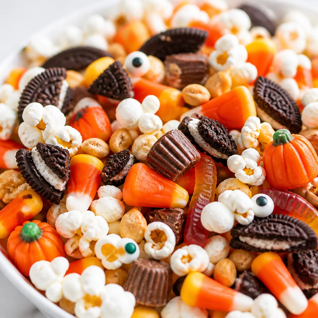Easy Halloween Popcorn Recipe with candy corn, sprinkles, and white chocolate drizzle.