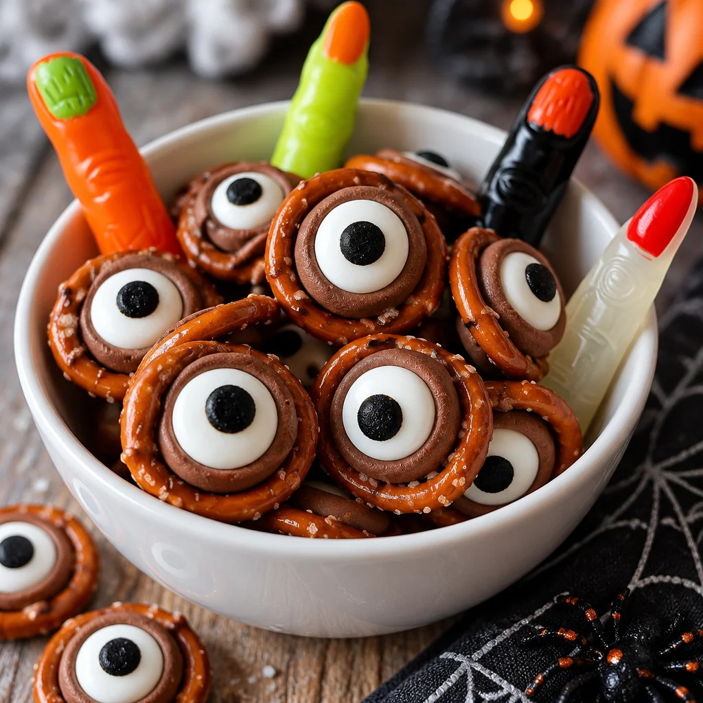 Easy Halloween Pretzel Rods decorated as Monster Eyeballs for a spooky treat.
